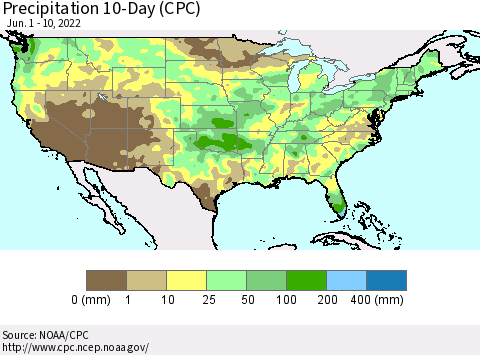 United States Precipitation 10-Day (CPC) Thematic Map For 6/1/2022 - 6/10/2022