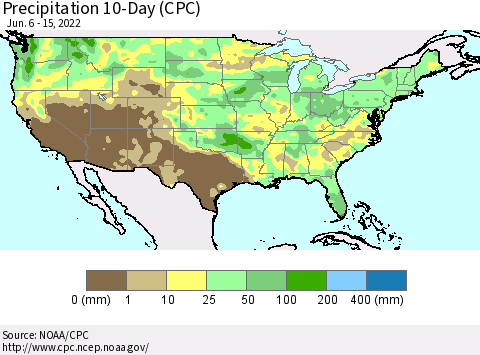 United States Precipitation 10-Day (CPC) Thematic Map For 6/6/2022 - 6/15/2022