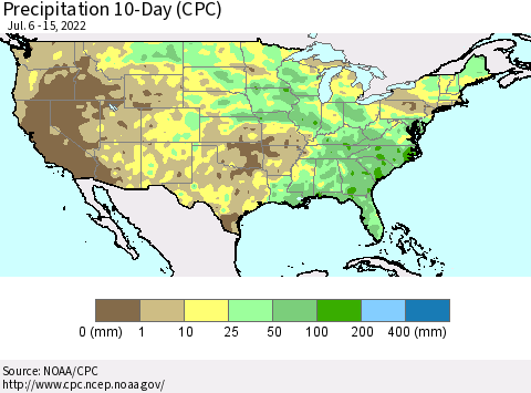 United States Precipitation 10-Day (CPC) Thematic Map For 7/6/2022 - 7/15/2022