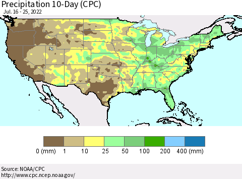 United States Precipitation 10-Day (CPC) Thematic Map For 7/16/2022 - 7/25/2022