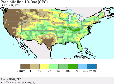 United States Precipitation 10-Day (CPC) Thematic Map For 7/21/2022 - 7/31/2022