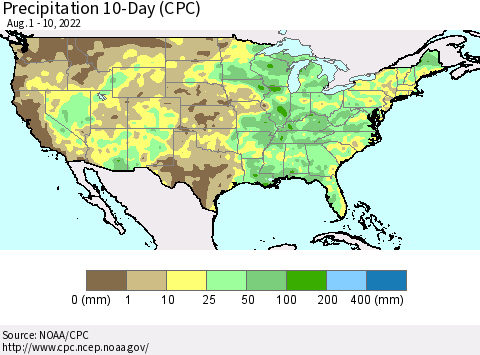 United States Precipitation 10-Day (CPC) Thematic Map For 8/1/2022 - 8/10/2022
