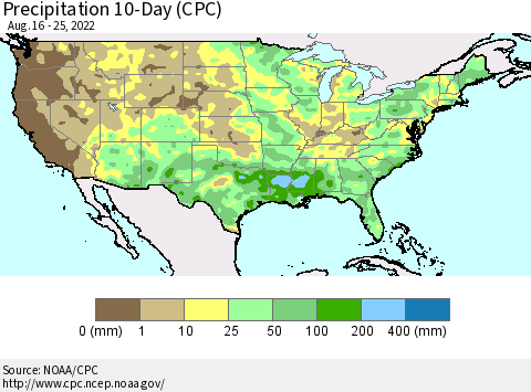 United States Precipitation 10-Day (CPC) Thematic Map For 8/16/2022 - 8/25/2022