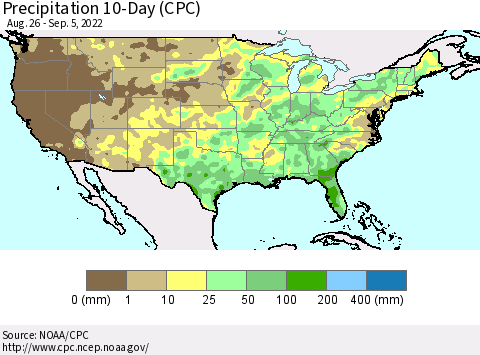 United States Precipitation 10-Day (CPC) Thematic Map For 8/26/2022 - 9/5/2022