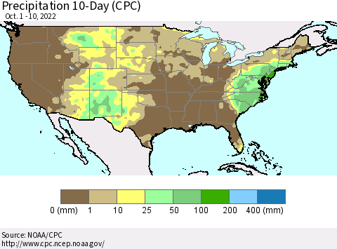 United States Precipitation 10-Day (CPC) Thematic Map For 10/1/2022 - 10/10/2022