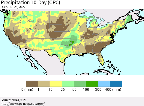 United States Precipitation 10-Day (CPC) Thematic Map For 10/16/2022 - 10/25/2022