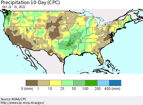 United States Precipitation 10-Day (CPC) Thematic Map For 10/21/2022 - 10/31/2022