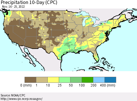 United States Precipitation 10-Day (CPC) Thematic Map For 11/16/2022 - 11/25/2022