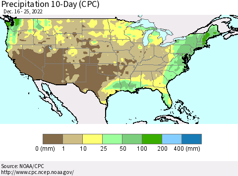 United States Precipitation 10-Day (CPC) Thematic Map For 12/16/2022 - 12/25/2022