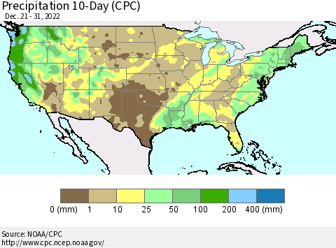 United States Precipitation 10-Day (CPC) Thematic Map For 12/21/2022 - 12/31/2022