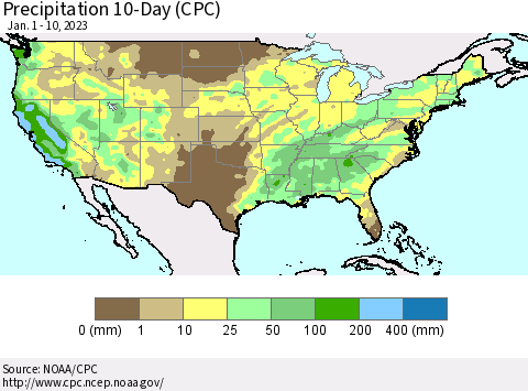 United States Precipitation 10-Day (CPC) Thematic Map For 1/1/2023 - 1/10/2023