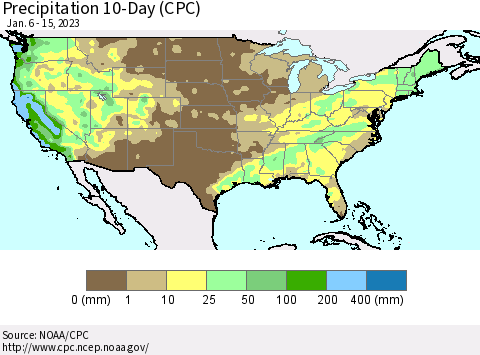 United States Precipitation 10-Day (CPC) Thematic Map For 1/6/2023 - 1/15/2023