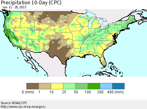 United States Precipitation 10-Day (CPC) Thematic Map For 1/11/2023 - 1/20/2023