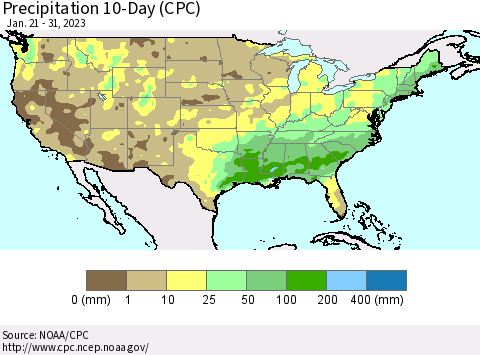 United States Precipitation 10-Day (CPC) Thematic Map For 1/21/2023 - 1/31/2023