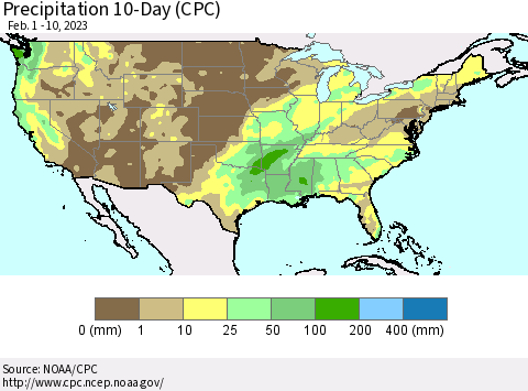 United States Precipitation 10-Day (CPC) Thematic Map For 2/1/2023 - 2/10/2023