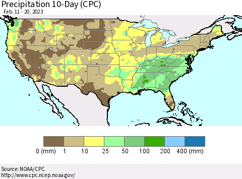 United States Precipitation 10-Day (CPC) Thematic Map For 2/11/2023 - 2/20/2023