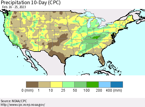 United States Precipitation 10-Day (CPC) Thematic Map For 2/16/2023 - 2/25/2023