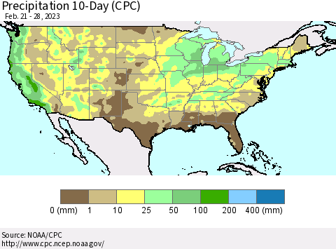 United States Precipitation 10-Day (CPC) Thematic Map For 2/21/2023 - 2/28/2023