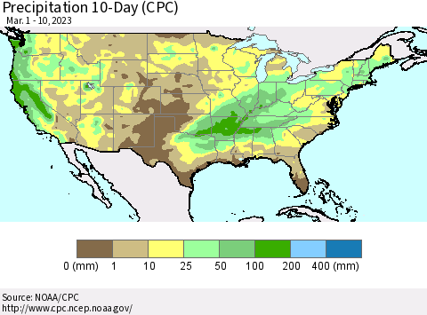 United States Precipitation 10-Day (CPC) Thematic Map For 3/1/2023 - 3/10/2023