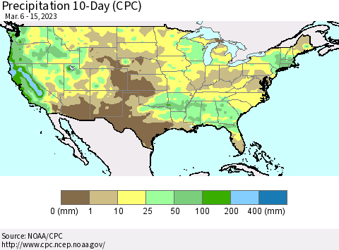 United States Precipitation 10-Day (CPC) Thematic Map For 3/6/2023 - 3/15/2023