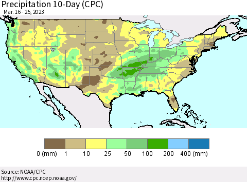 United States Precipitation 10-Day (CPC) Thematic Map For 3/16/2023 - 3/25/2023