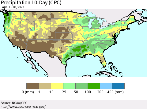 United States Precipitation 10-Day (CPC) Thematic Map For 4/1/2023 - 4/10/2023