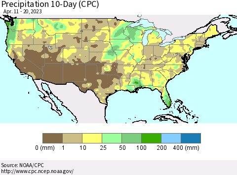 United States Precipitation 10-Day (CPC) Thematic Map For 4/11/2023 - 4/20/2023