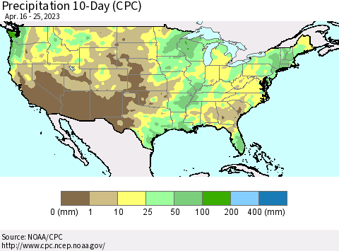 United States Precipitation 10-Day (CPC) Thematic Map For 4/16/2023 - 4/25/2023