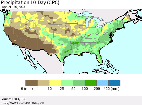 United States Precipitation 10-Day (CPC) Thematic Map For 4/21/2023 - 4/30/2023