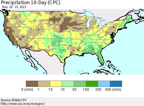 United States Precipitation 10-Day (CPC) Thematic Map For 5/16/2023 - 5/25/2023