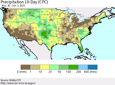 United States Precipitation 10-Day (CPC) Thematic Map For 5/26/2023 - 6/5/2023