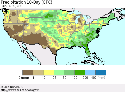 United States Precipitation 10-Day (CPC) Thematic Map For 6/16/2023 - 6/25/2023