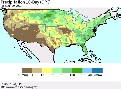 United States Precipitation 10-Day (CPC) Thematic Map For 6/21/2023 - 6/30/2023