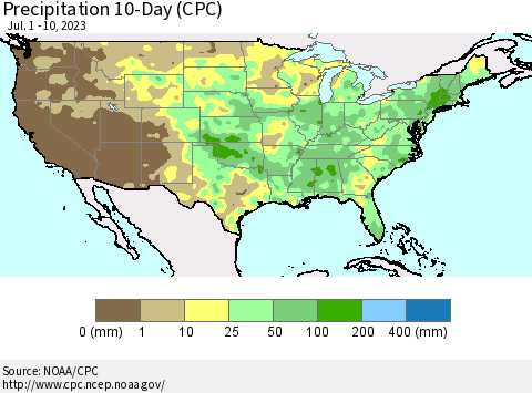 United States Precipitation 10-Day (CPC) Thematic Map For 7/1/2023 - 7/10/2023