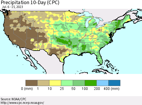United States Precipitation 10-Day (CPC) Thematic Map For 7/6/2023 - 7/15/2023