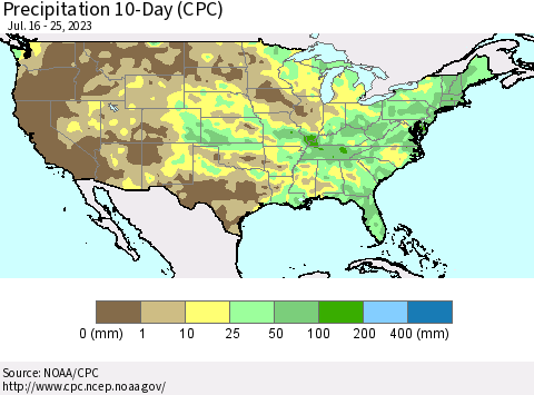 United States Precipitation 10-Day (CPC) Thematic Map For 7/16/2023 - 7/25/2023