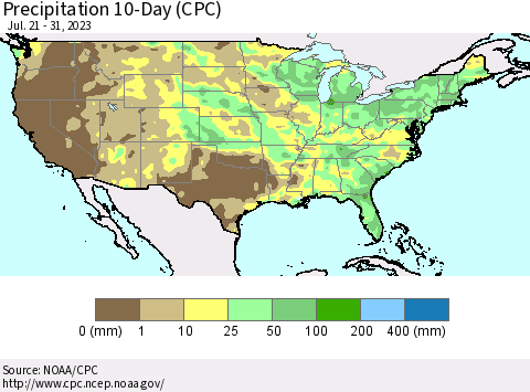 United States Precipitation 10-Day (CPC) Thematic Map For 7/21/2023 - 7/31/2023