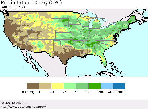 United States Precipitation 10-Day (CPC) Thematic Map For 8/6/2023 - 8/15/2023