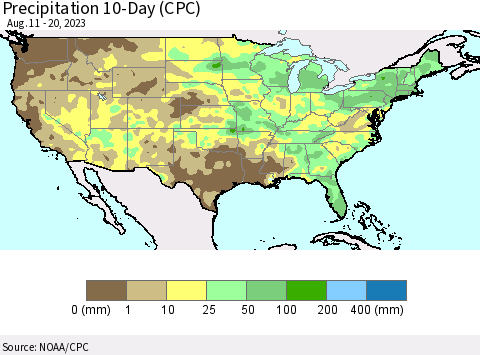 United States Precipitation 10-Day (CPC) Thematic Map For 8/11/2023 - 8/20/2023