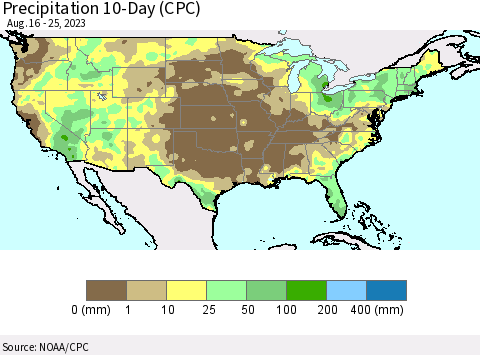 United States Precipitation 10-Day (CPC) Thematic Map For 8/16/2023 - 8/25/2023