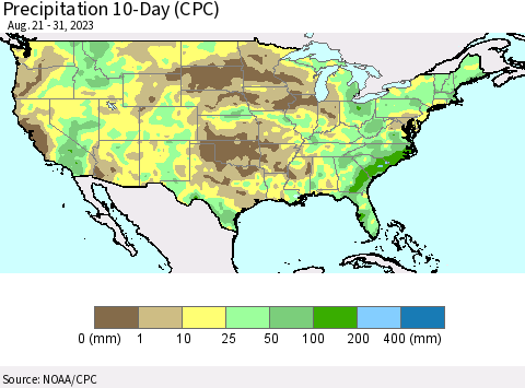 United States Precipitation 10-Day (CPC) Thematic Map For 8/21/2023 - 8/31/2023