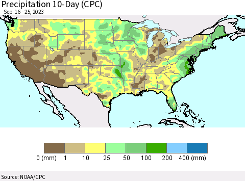 United States Precipitation 10-Day (CPC) Thematic Map For 9/16/2023 - 9/25/2023