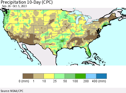 United States Precipitation 10-Day (CPC) Thematic Map For 9/26/2023 - 10/5/2023