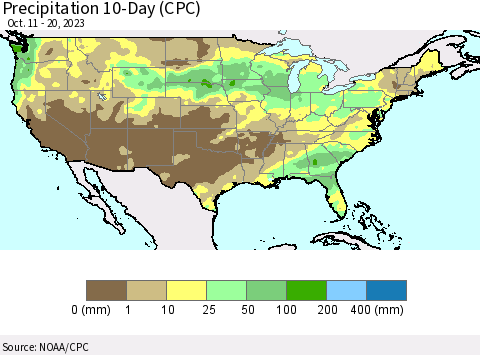 United States Precipitation 10-Day (CPC) Thematic Map For 10/11/2023 - 10/20/2023