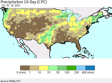 United States Precipitation 10-Day (CPC) Thematic Map For 10/16/2023 - 10/25/2023