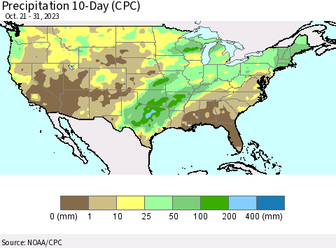 United States Precipitation 10-Day (CPC) Thematic Map For 10/21/2023 - 10/31/2023