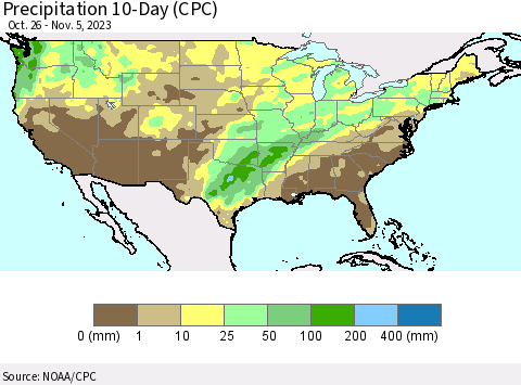 United States Precipitation 10-Day (CPC) Thematic Map For 10/26/2023 - 11/5/2023