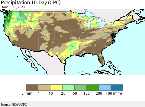 United States Precipitation 10-Day (CPC) Thematic Map For 11/1/2023 - 11/10/2023