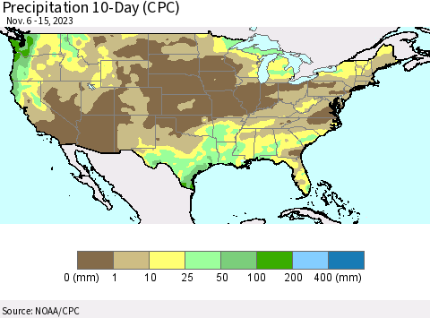 United States Precipitation 10-Day (CPC) Thematic Map For 11/6/2023 - 11/15/2023