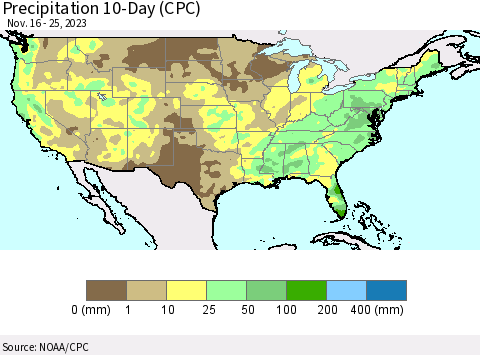 United States Precipitation 10-Day (CPC) Thematic Map For 11/16/2023 - 11/25/2023